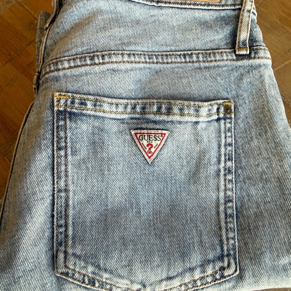 Guess Distressed Light Blue Denim Jeans with Red Logo Triangle